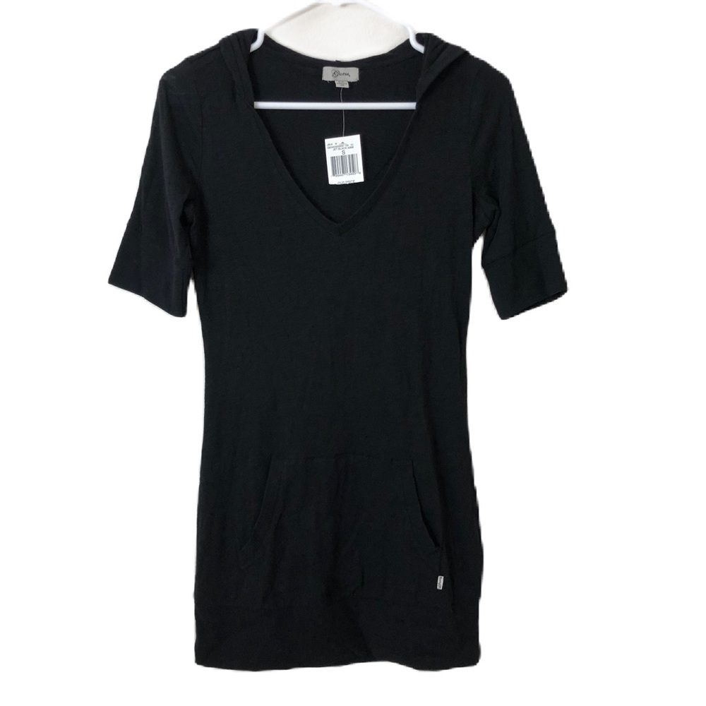 Guess Black Half Sleeve V Neck Hooded Tunic Dress Front Pocket NWT